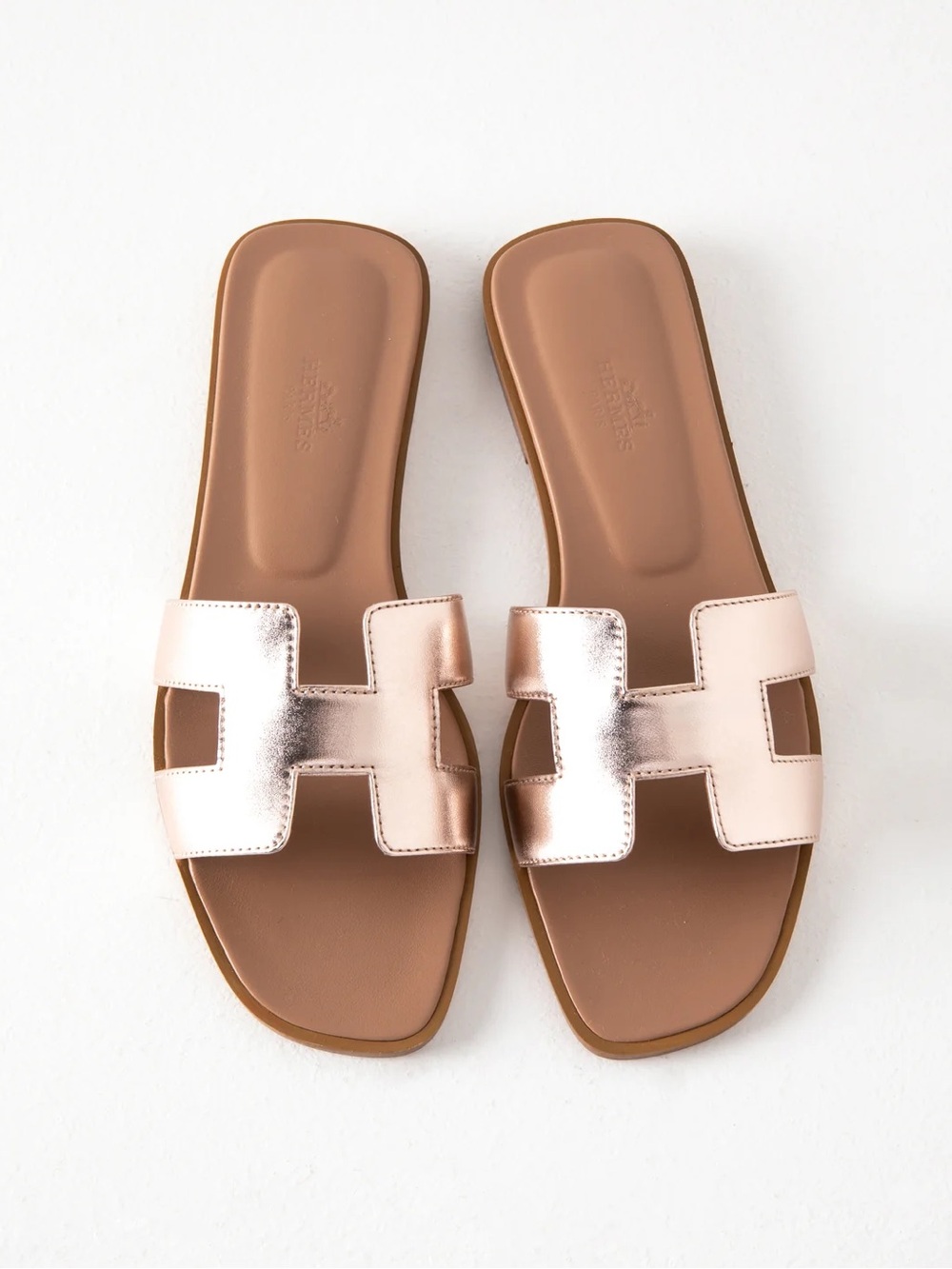 Brand New Hermes Rose Gold Leather H-Logo Slide Sandals - Picture 1 of 4